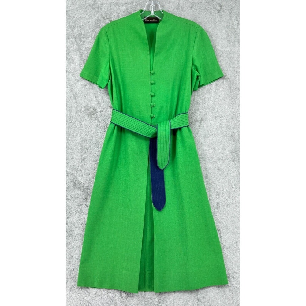 Vintage Charles Alan Dress Womens Small Linen Blend Kelly Green Pleated‎ Belted